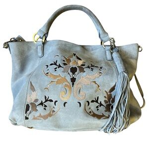 G.I.L.I. Light Blue Suede Tote with Metallic Gold & Brown Floral Appliqué